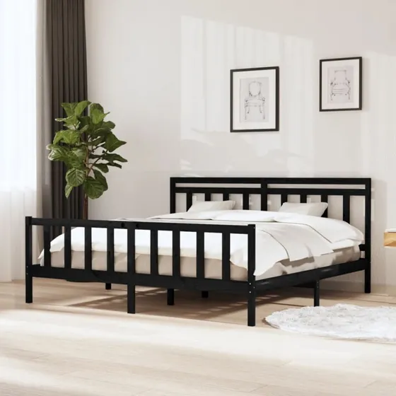 Sengeramme 200x200 cm i massivt fyrretræ - Sort