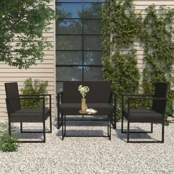 Loungesæt til haven 4 dele i sort polyrattan med hynder