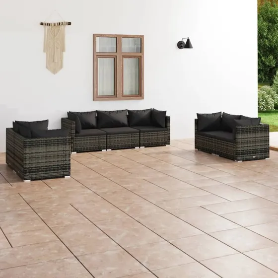 Loungesæt 7 dele i gråt polyrattan med hynder