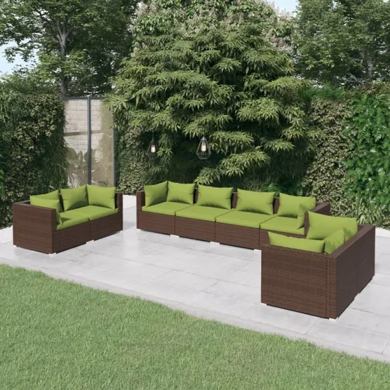 Loungesæt 8 dele polyrattan brun med hynder