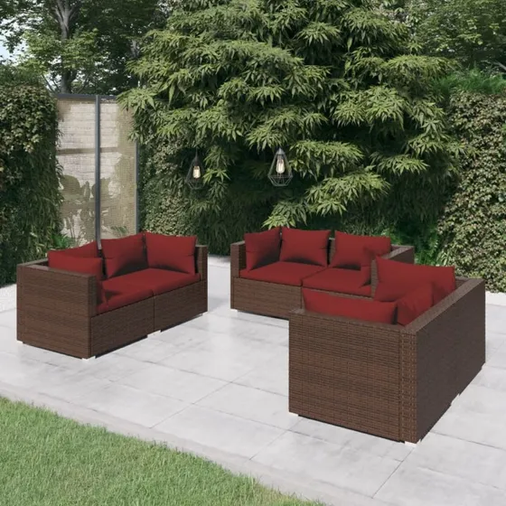 Loungesæt til haven 6 dele i brun polyrattan med hynder
