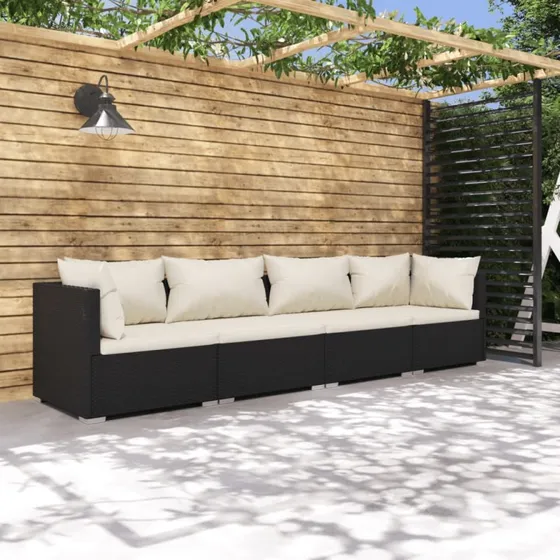 Haveloungesæt 4 dele i sort polyrattan med hynder