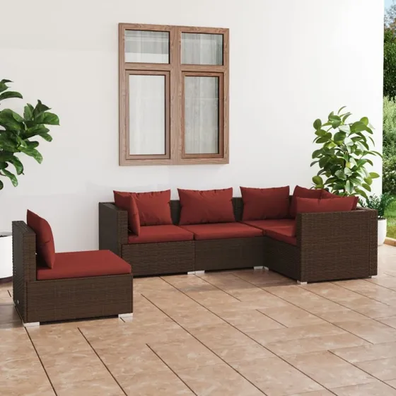 Loungesæt havemøbler 5 dele med hynder – polyrattan brun