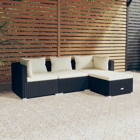 Haveloungesæt 4 dele i sort polyrattan med hynder