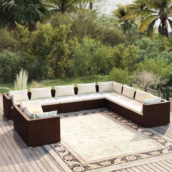 Loungesæt i polyrattan 10 dele med hynder, brun