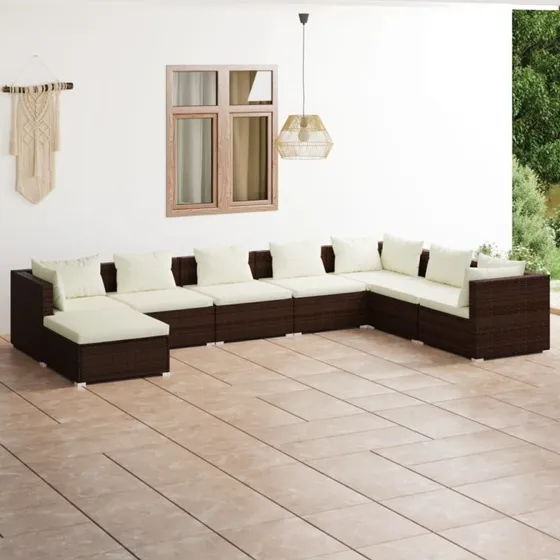 Loungesæt til haven 8 dele i brun polyrattan med hynder