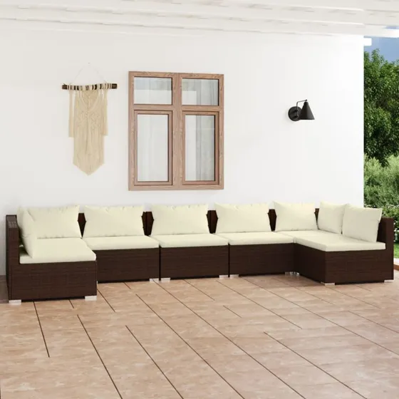 Loungesæt til haven 7 dele i brun polyrattan med hynder