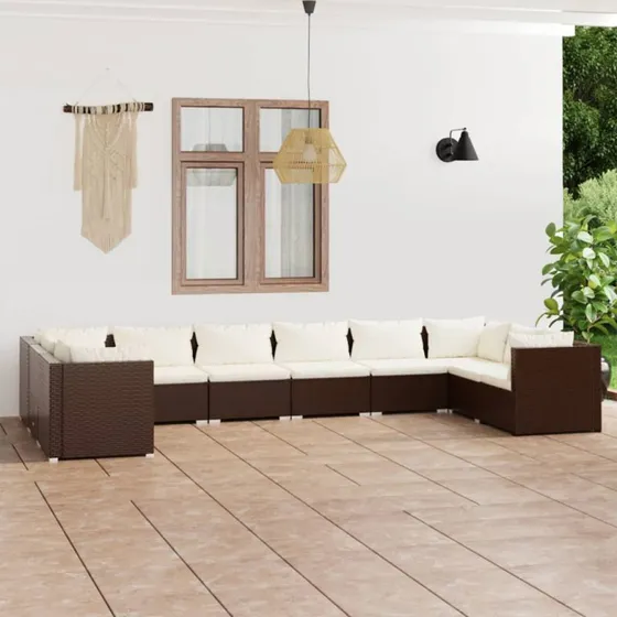 Loungesæt til haven 10 dele i brun polyrattan med hynder