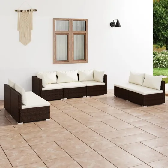 Loungesæt 7 dele i polyrattan brun med hynder