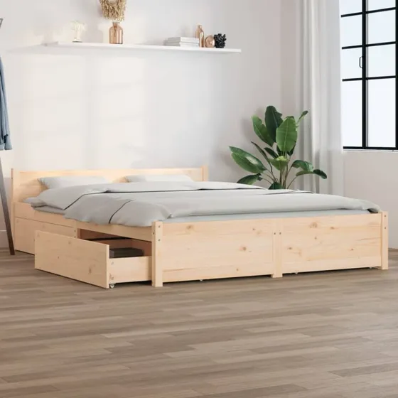 Sengeramme i massivt fyrretræ med skuffer 135x190 cm
