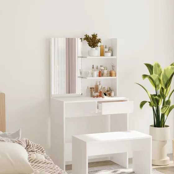 Makeupbord med spejl 74,5x40x141 cm - Hvidt