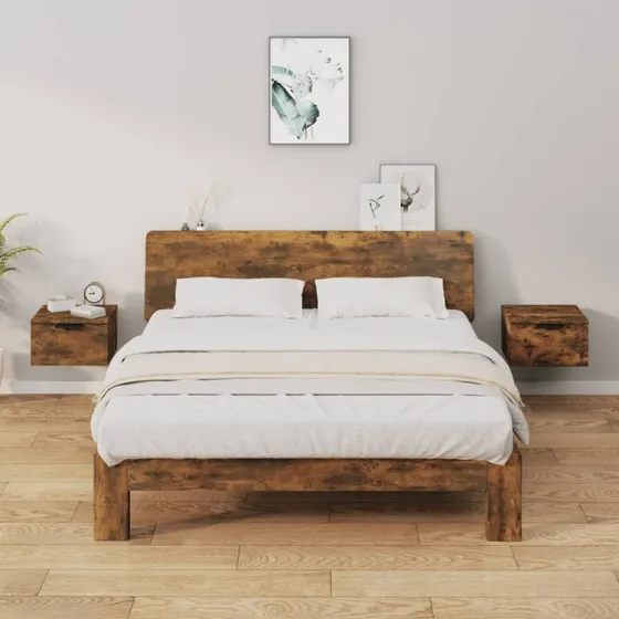 Væghængte sengeborde 2 stk. 34x30x20 cm – røget egetræ