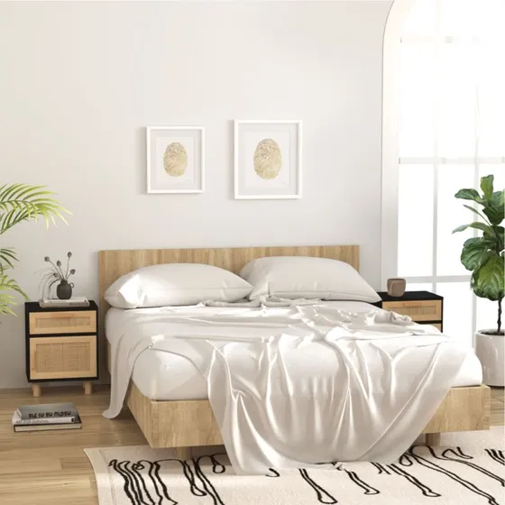 Sengeborde 2 stk. i massivt fyrretræ & rattan – sort