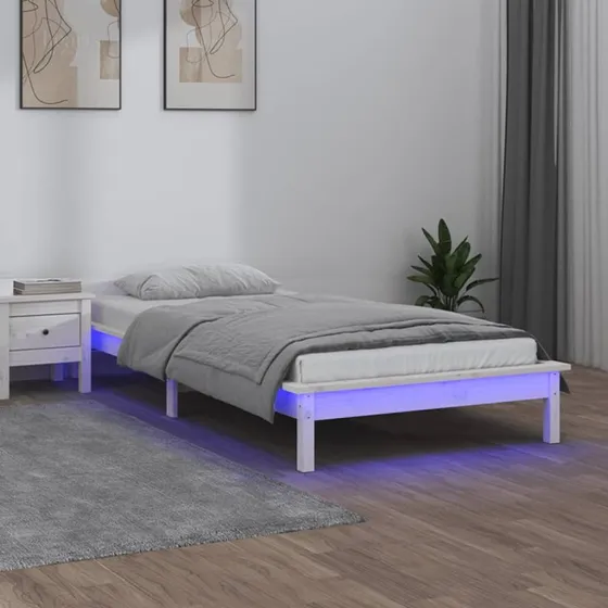 Sengeramme 100x200 cm i massivt fyrretræ med LED - hvid