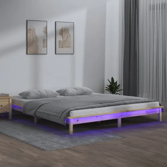 Sengeramme 150x200 cm i massivt fyrretræ med LED-lys