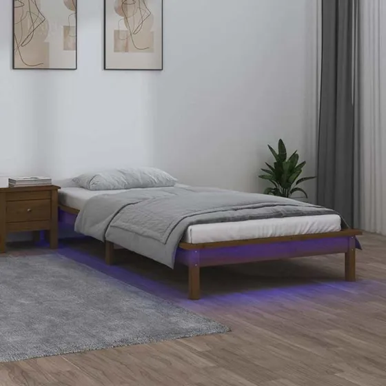 Sengeramme i massiv fyrtræ 90x190 cm med LED-lys