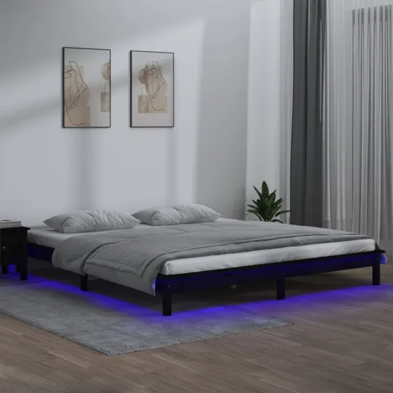 Sengeramme i massivt fyrretræ 120x190 cm med LED-lys (sort)
