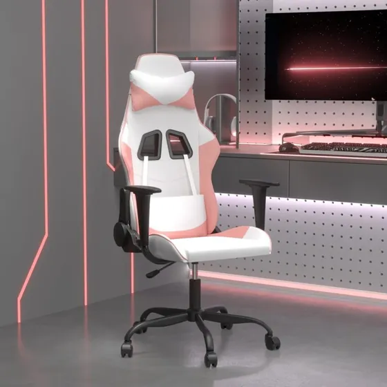Gamingstol med massagefunktion i kunstlæder – hvid/lyserød