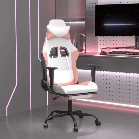 Gamingstol med massage & fodstøtte i hvid/lyserød