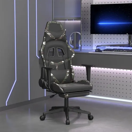 Gamingstol med massage & fodstøtte, kunstlæder - sort/camouflage