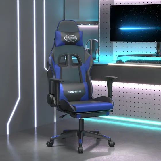 Gamingstol med massage og fodstøtte i kunstlæder (sort/blå)