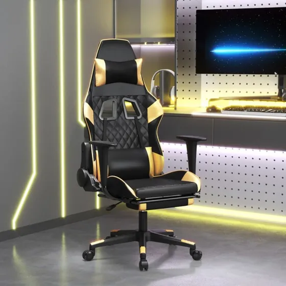 Gamingstol med massage & fodstøtte – sort/guldfarvet