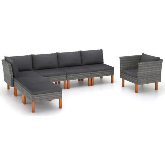 Loungesæt til haven 7 dele i grå polyrattan og eukalyptus