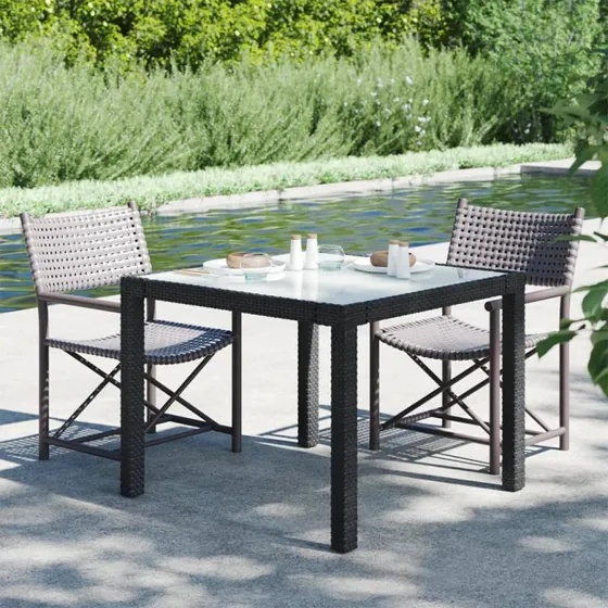 Havebord 90x90x75 cm i polyrattan med hærdet glas, sort
