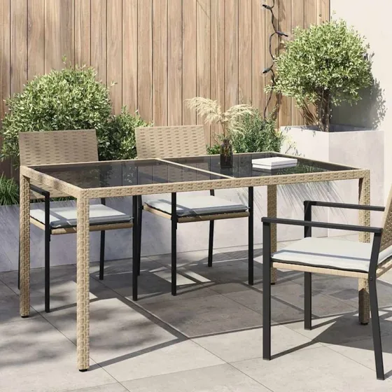 Havebord 150x90 cm i polyrattan med hærdet glas – beige