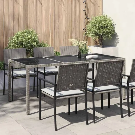 Havebord 190x90 cm polyrattan gr med hrdet glas