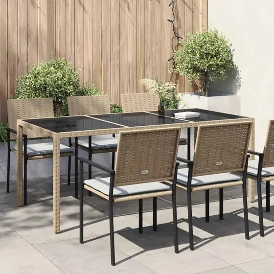 Havebord polyrattan 190x90x75 cm med hrdet glas - Beige