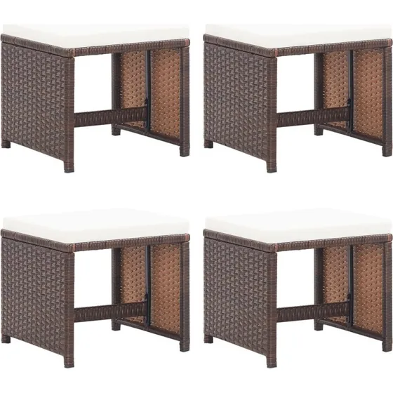 Havetaburetter 4 stk. med hynder - brun polyrattan