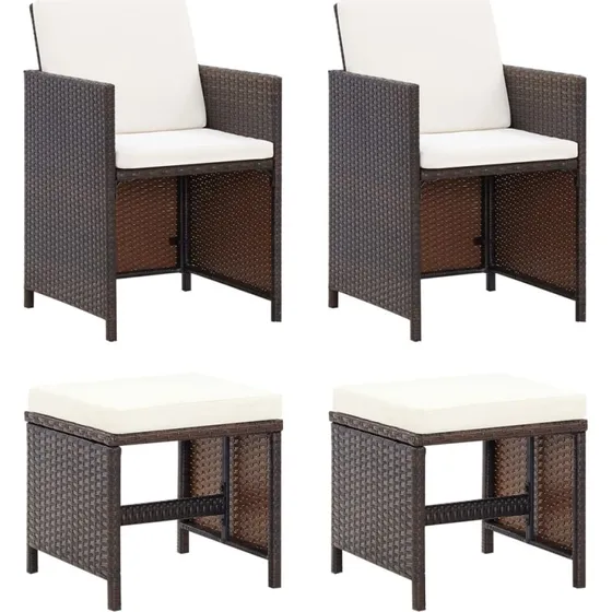 Havestole med skamler 4 dele i brun polyrattan