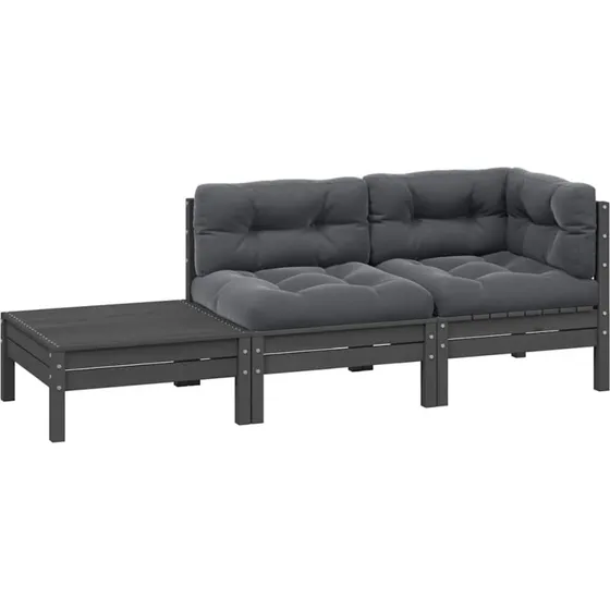 Loungesæt til haven 3 dele i massivt fyrretræ med hynder – grå