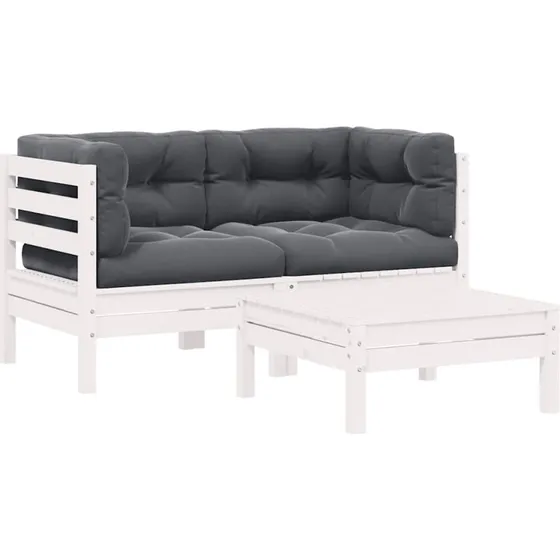 Loungesæt 3 dele i massivt fyrretræ med hynder – hvid