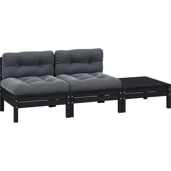 3-dele loungesæt til haven i massivt fyrretræ med hynder - sort