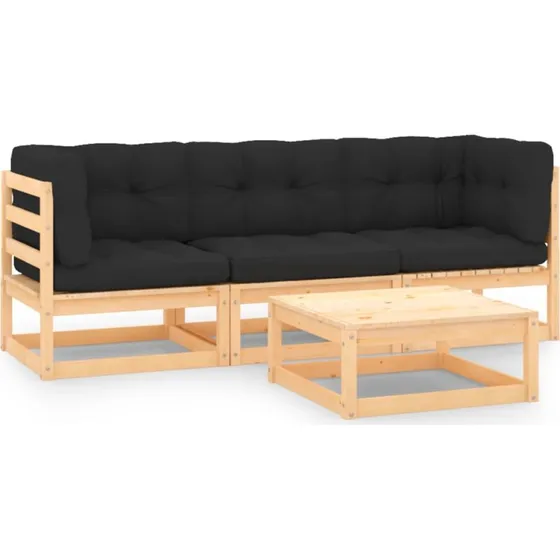 Loungesæt til haven 4 dele i massivt fyrretræ med hynder