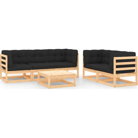 Loungesæt til haven 6 dele i massivt fyrretræ med hynder