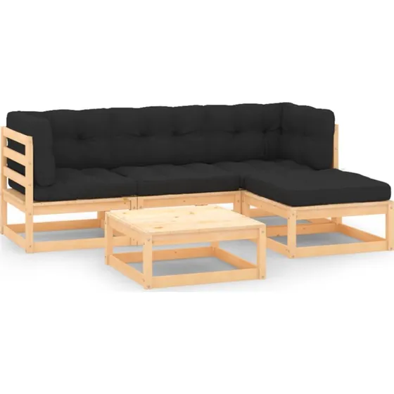 Loungesæt til haven 5 dele i massivt fyrretræ med hynder