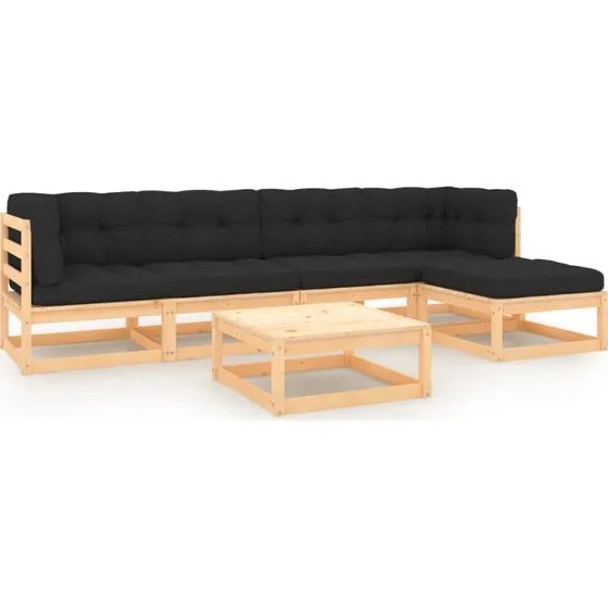 Loungesæt til haven 6 dele i massivt fyrretræ med hynder