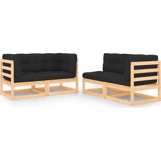 Loungesæt til haven 4 dele i massivt fyrretræ med hynder