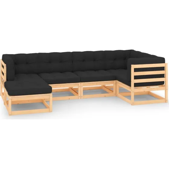 Loungesæt til haven 6 dele i massivt fyrretræ med hynder