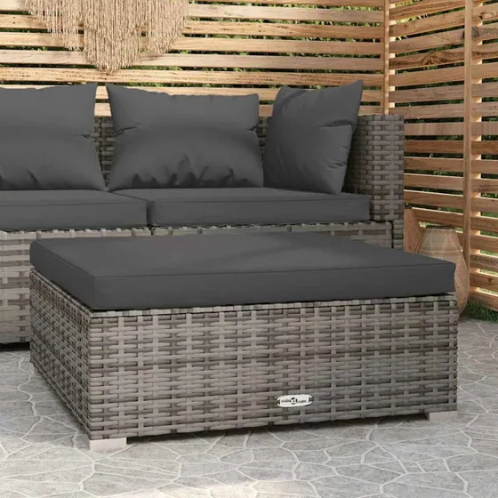 Fodskammel med hynde 70x70x30 cm - Grå polyrattan