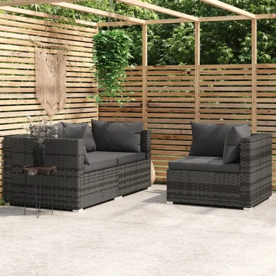 Loungesæt 3 dele i grå polyrattan med hynder