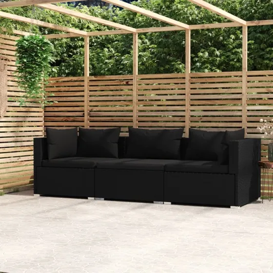 3-personers polyrattan sofa med hynder - sort