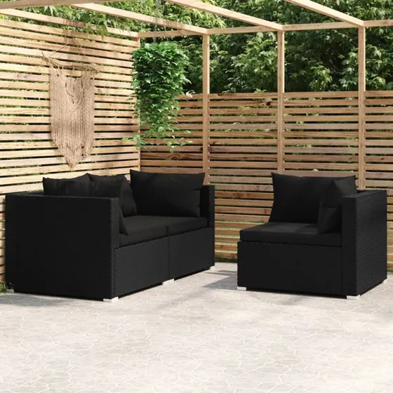 3-dele loungesæt i polyrattan med hynder – sort
