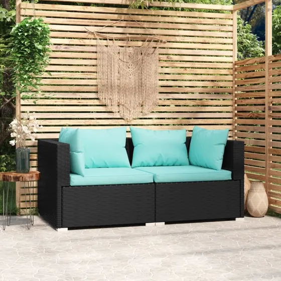 2-personers polyrattan sofa med hynder – sort