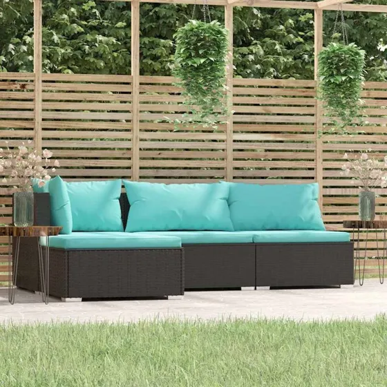 Loungesæt i polyrattan 4 dele med hynder – sort