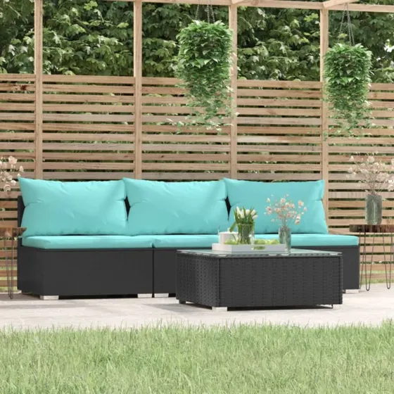 Loungesæt 4 dele i sort polyrattan med hynder
