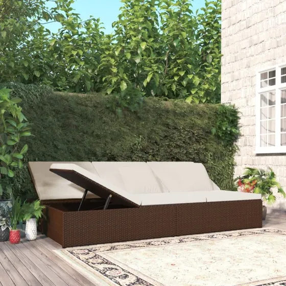 Fleksibel 2-i-1 solseng i polyrattan med hynder, brun